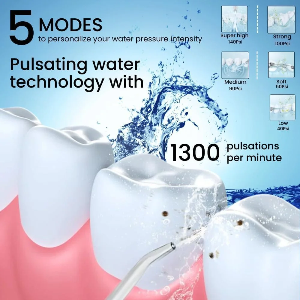 واترپیک دندان قابل حمل، آبیاری دهان قابل شارژ، ضد آب IPX7، همراه با کیف مسافرتی