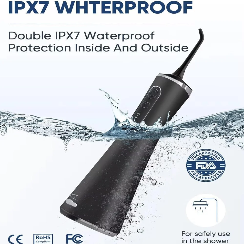 واتر فلاسر قابل حمل، دستگاه شستشوی دهان، 5 حالت تمیز کردن، ضد آب IPX7، با چهار نازل، کیف مسافرتی، کابل شارژ USB، مناسب برای بزرگسالان و کودکان، 60 روز عمر باتری (مشکی)