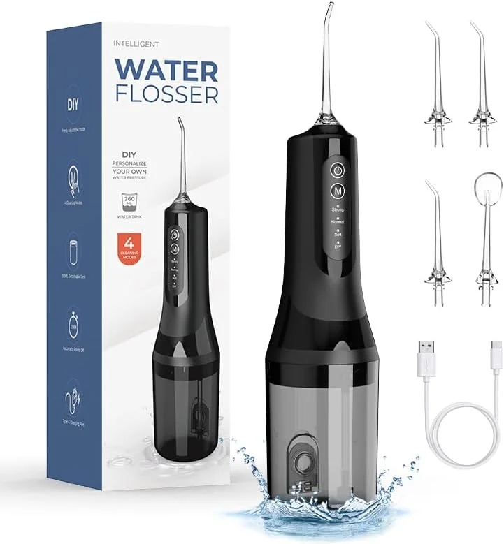 واتر فلاسر، دستگاه شستشوی دهان قابل حمل، فلاسر برقی قابل شارژ USB، از بین برنده پلاک دندان، کیت تمیز کننده دندان، واتر فلاسر بی سیم برای سلامت لثه، مناسب برای مسافرت و استفاده در منزل (مشکی)