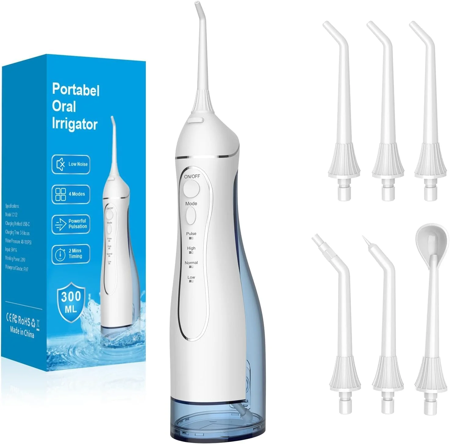 دستگاه شستشوی دهان قابل حمل، سفید، ظرفیت 300 میلی لیتر، 4 حالت حرفه ای، نخ دندان شارژی با طراحی ضد آب IPX7 برای تمیز کردن دندان - سفید