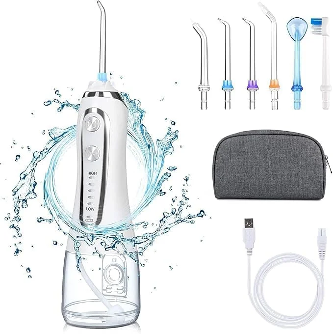 واتر فلاسر مسافرتی و قابل حمل دندان | 5 حالت فشار | تمیز کننده دندان ضد آب و شارژی با 6 سری | مخزن جداشدنی 300 میلی لیتری برای خانه و مسافرت