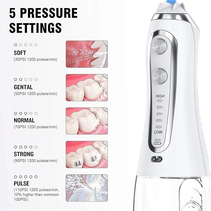 واتر فلاسر مسافرتی و قابل حمل دندان | 5 حالت فشار | تمیز کننده دندان ضد آب و شارژی با 6 سری | مخزن جداشدنی 300 میلی لیتری برای خانه و مسافرت