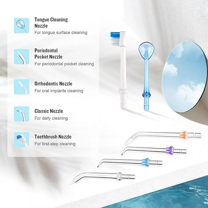 واتر فلاسر مسافرتی و قابل حمل دندان | 5 حالت فشار | تمیز کننده دندان ضد آب و شارژی با 6 سری | مخزن جداشدنی 300 میلی لیتری برای خانه و مسافرت