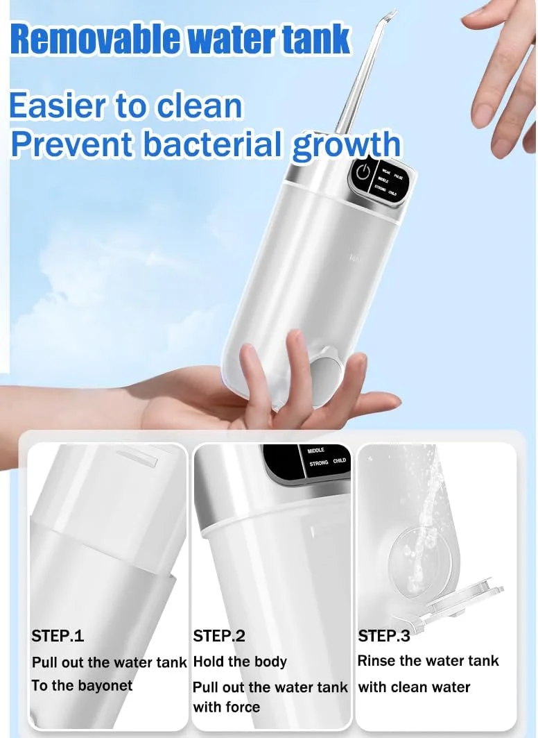 دستگاه شستشوی دهان و دندان بی سیم قابل حمل، 5 حالت، 4 نازل، 300 میلی لیتر، قابل شارژ، ضد آب IPX7 برای مراقبت و تمیز کردن دهان