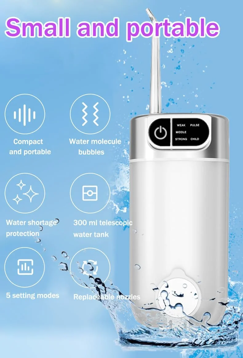 دستگاه شستشوی دهان و دندان بی سیم قابل حمل، 5 حالت، 4 نازل، 300 میلی لیتر، قابل شارژ، ضد آب IPX7 برای مراقبت و تمیز کردن دهان