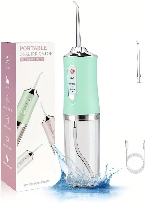 دستگاه شستشوی دندان، قابل حمل و ضد آب IPX7، تمیز کننده دندان، جت آب دهان شوی، بهداشت دهان و دندان برای دندان ها، نخ دندان آبی، 3 حالت، دستگاه شستشوی دهان و دندان بی سیم حرفه ای (سبز)