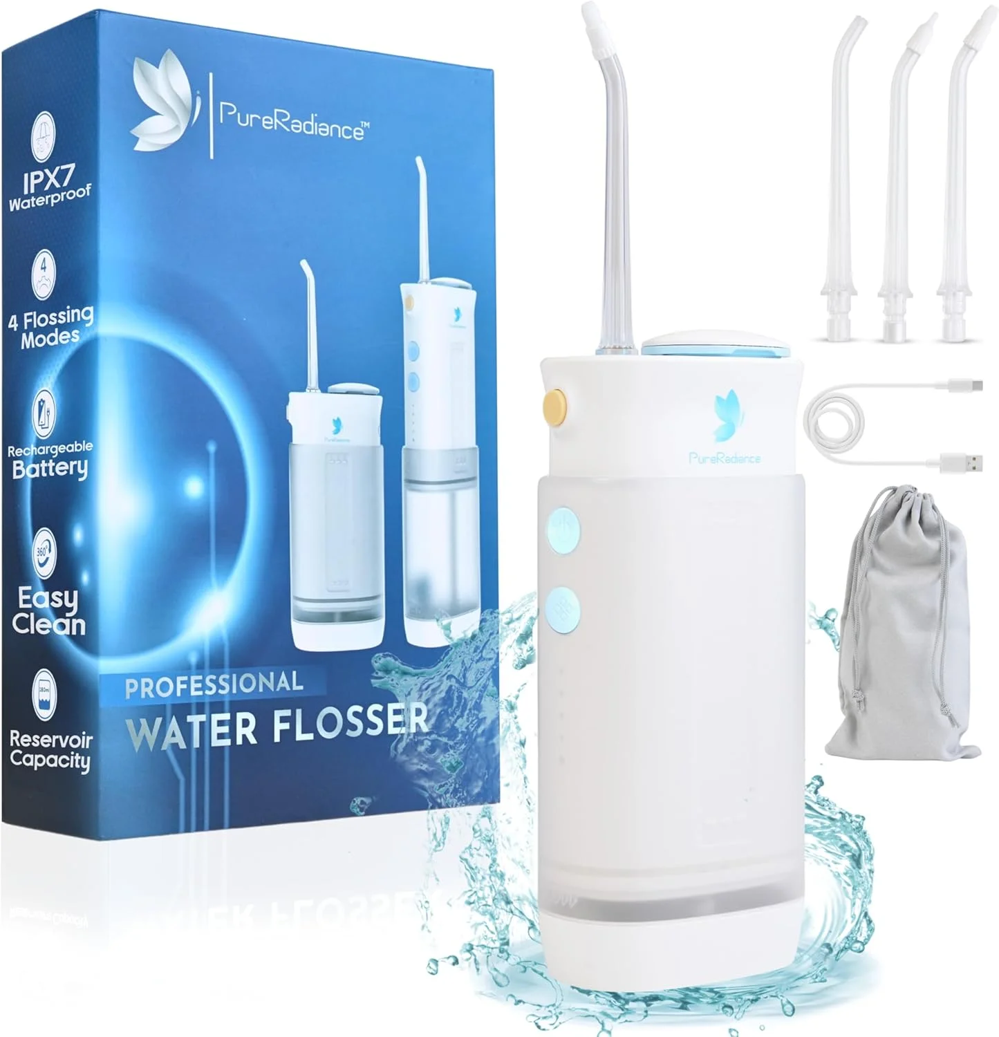 دستگاه پاک کننده دندان PureRadiance، نخ دندان آبی قابل حمل، انتخابگر دندان، قابل شارژ، ضد آب IPX7 برای مراقبت از دندان، 3 سری، 4 حالت، مینی و بی سیم، مناسب مسافرت و خانه