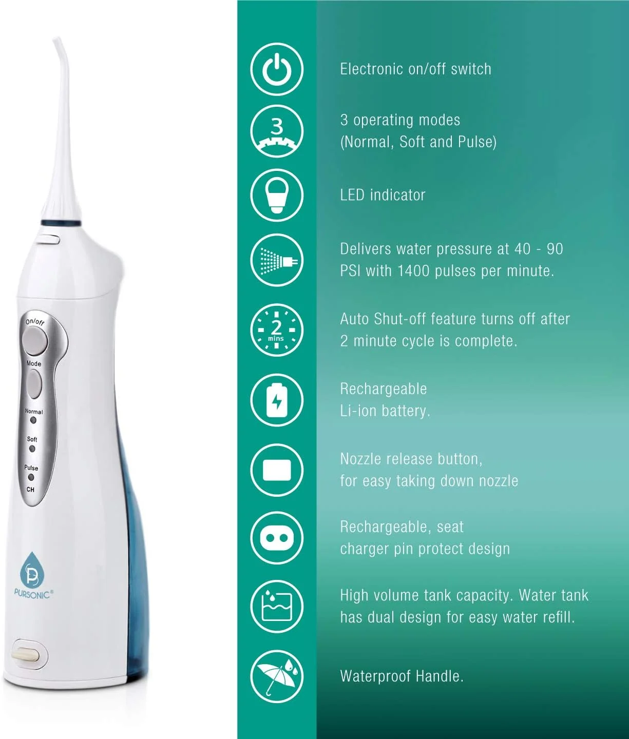 دستگاه شستشوی دهان و دندان USB قابل شارژ Pursonic، کمک به حذف پلاک و رقیق کردن سموم مضر.