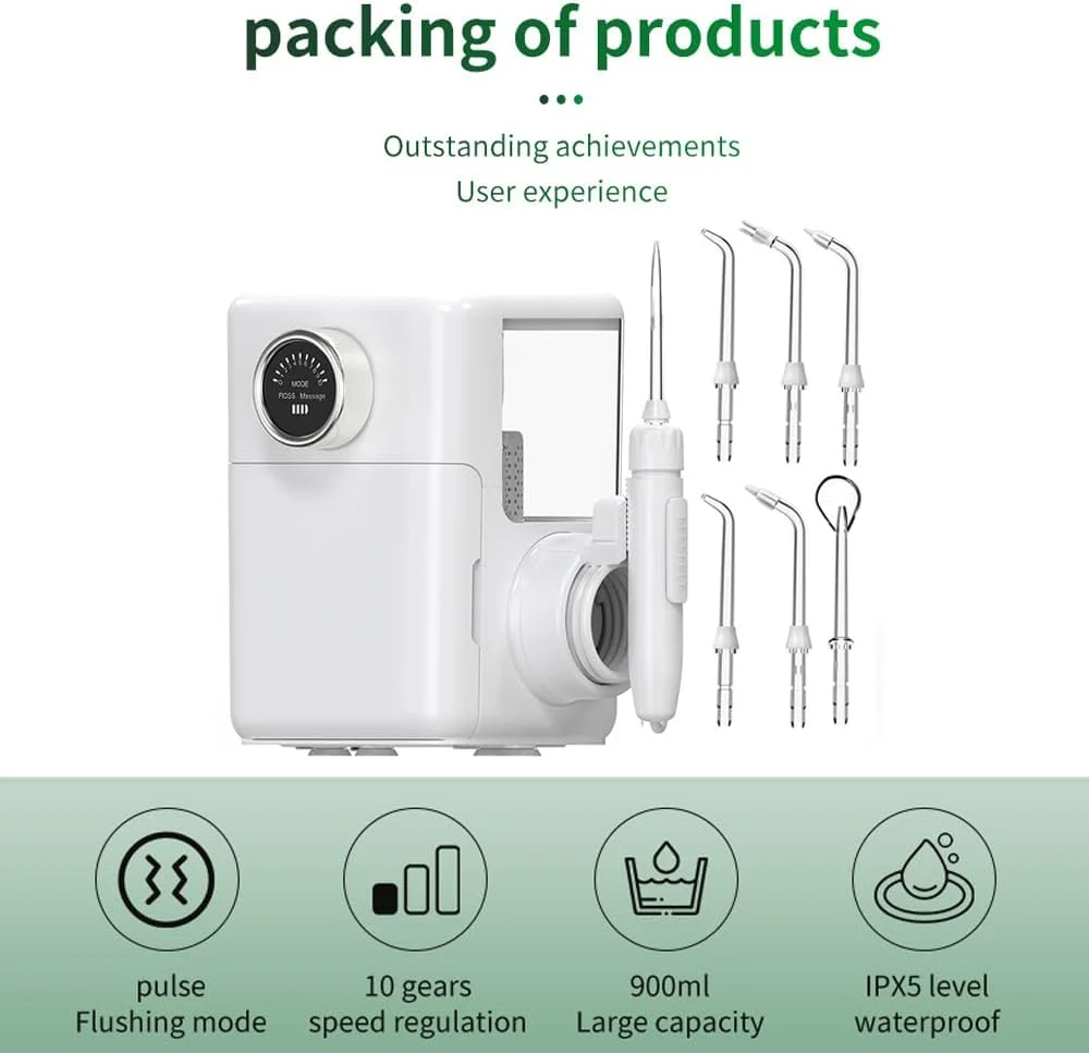 دستگاه شستشوی دهان حرفه ای برای دندان، لثه، ارتودنسی، مراقبت از دندان، 6 عدد سری چند منظوره، 10 تنظیم فشار آب، مخزن آب بزرگ 900 میلی لیتری، صدای کم، لثه های سالم تر، آبیاری دهان