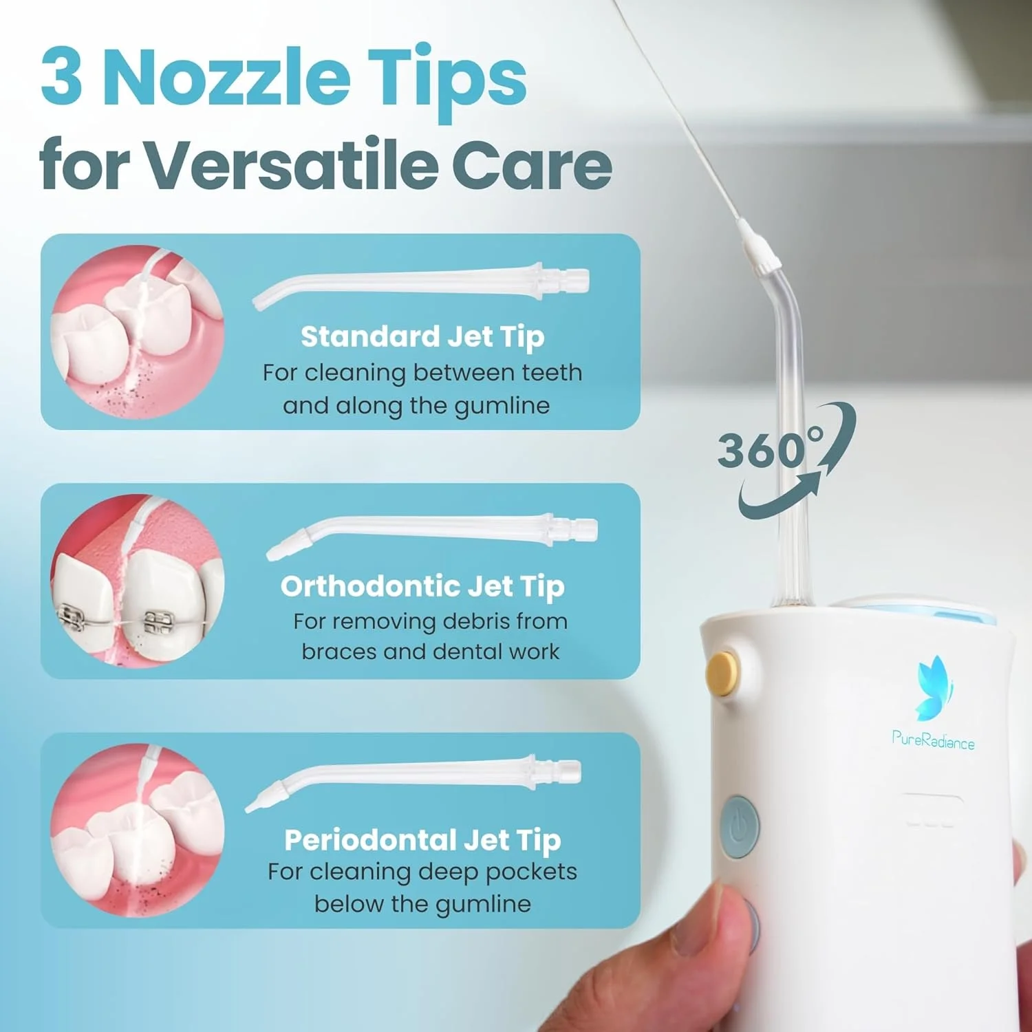 دستگاه پاک کننده دندان PureRadiance، نخ دندان آبی قابل حمل، انتخابگر دندان، قابل شارژ، ضد آب IPX7 برای مراقبت از دندان، 3 سری، 4 حالت، مینی و بی سیم، مناسب مسافرت و خانه