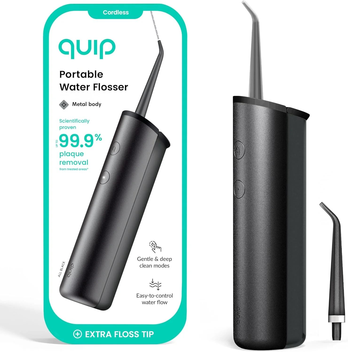 دستگاه نخ دندان آبی کویپ با سری جایگزین - دستگاه نخ دندان آبی بی سیم با فشار قابل تنظیم - پاک کننده دندان با سری قابل تعویض چرخان 360 درجه، دستگاه نخ دندان آبی قابل شارژ - مشکی یکدست