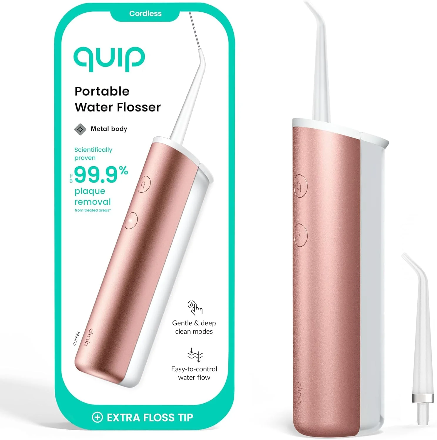دستگاه واتر فلاسر کویپ به همراه سری جایگزین - واتر فلاسر بی سیم با فشار قابل تنظیم - پاک کننده دندان با سری قابل تعویض چرخان 360 درجه، دستگاه دندان قابل شارژ - مسی
