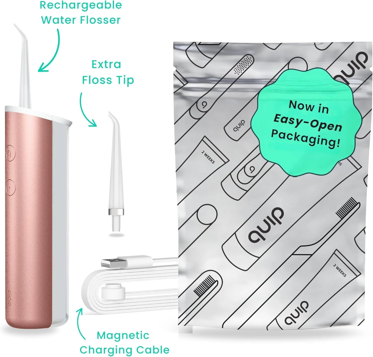 دستگاه واتر فلاسر کویپ به همراه سری جایگزین - واتر فلاسر بی سیم با فشار قابل تنظیم - پاک کننده دندان با سری قابل تعویض چرخان 360 درجه، دستگاه دندان قابل شارژ - مسی