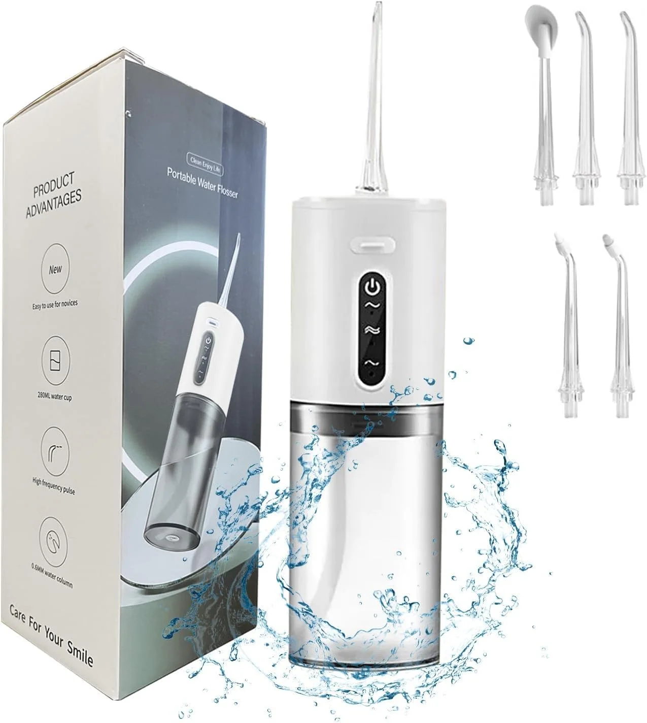 دستگاه شستشوی دهان و دندان قابل حمل با 3 حالت، 5 سری قابل تعویض، تمیز کننده دندان ضد آب قابل شارژ برای خانه و مسافرت - مخزن جداشدنی 280 میلی لیتری سفید