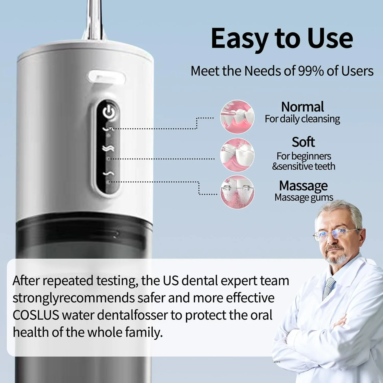 دستگاه شستشوی دهان و دندان قابل حمل با 3 حالت، 5 سری قابل تعویض، تمیز کننده دندان ضد آب قابل شارژ برای خانه و مسافرت - مخزن جداشدنی 280 میلی لیتری سفید