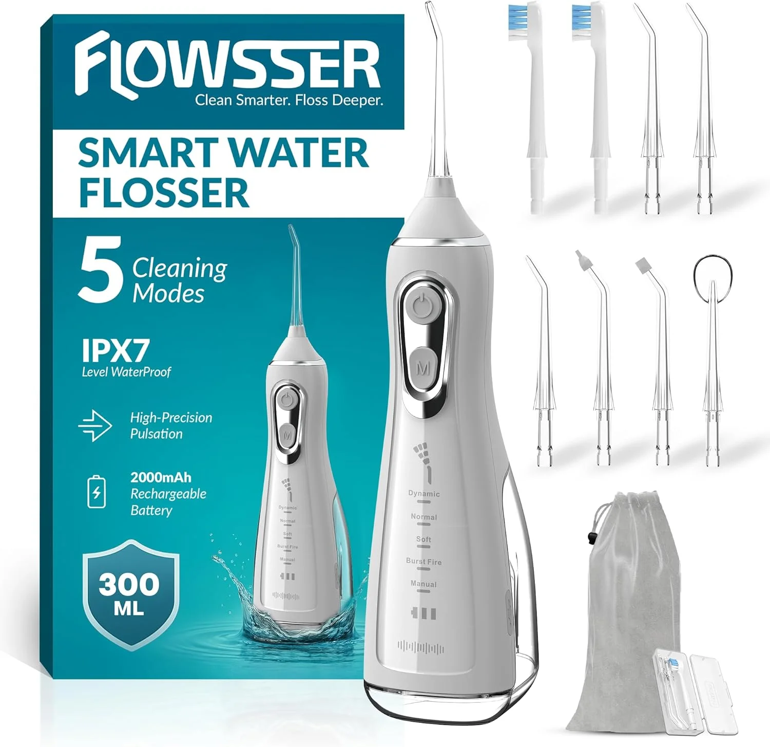 دستگاه شستشوی دهان و دندان شارژی، بدون سیم با 5 حالت، 8 سری، مخزن 300 میلی لیتری، 60 تا 140 PSI و ضد آب IPX7 - دستگاه آبی قابل حمل برای دندان ها، لثه ها، لوزه ها و مراقبت از دندان در سفر