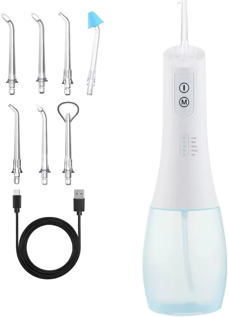 دستگاه شستشوی دهان شارژی، نخ دندان آبی ضد آب حرفه ای با 5 حالت سرعت پاشش آب، ابزار تمیز کننده نخ دندان (سفید)
