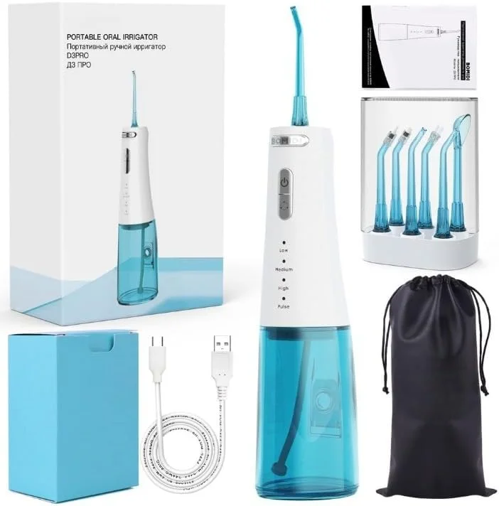 آب‌فشان دهانی قابل حمل REBENUO D3 Pro با نازل چرخان 360 درجه، مخزن آب 300 میلی‌لیتری، 5 نازل حرفه‌ای، 7 سطح فشار آب قابل تنظیم و شارژ Type-C - سفید/آبی