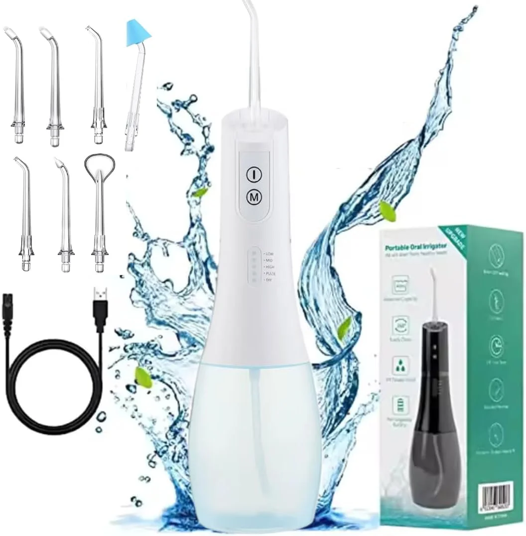 دستگاه شستشوی دهان شارژی، نخ دندان آبی ضد آب حرفه ای با 5 حالت سرعت پاشش آب، ابزار تمیز کننده نخ دندان (سفید)