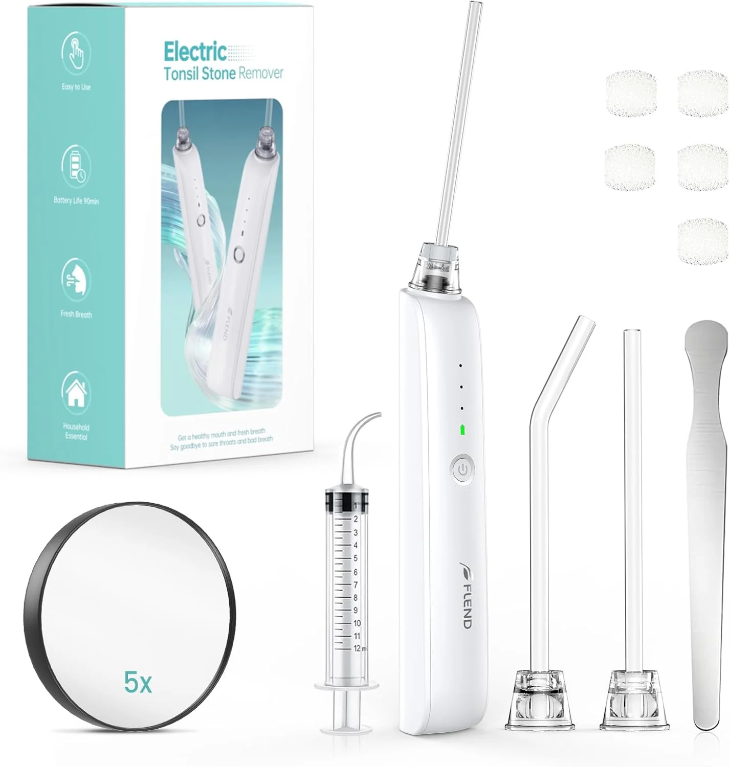 کیت حذف کننده سنگ لوزه، 3 حالت دستگاه الکترونیکی مکش سنگ لوزه، دهانشویه، آینه بزرگنمایی 5 برابر، مبارزه با بوی بد دهان