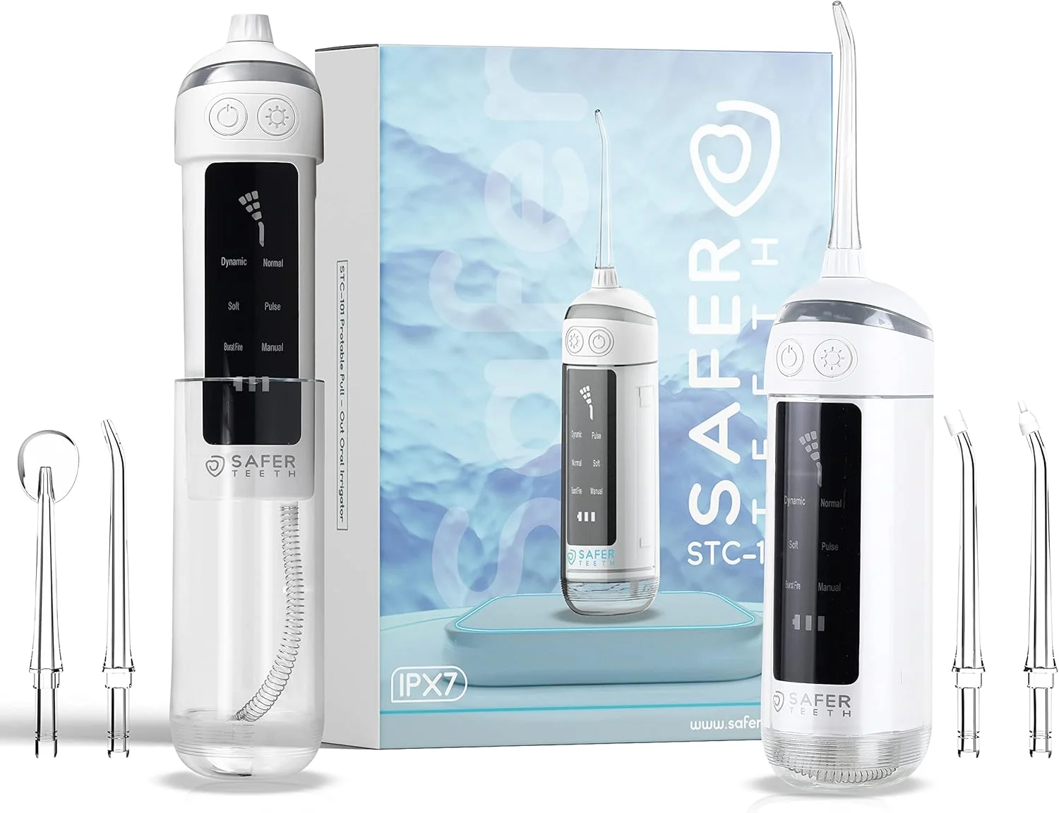 دستگاه شستشوی دهان حرفه ای Saferteeth STC-101، قابل حمل، بی سیم، ضد آب IPX7، طراحی منحصر به فرد و زیبا، باتری لیتیومی پیشرفته، 6 حالت، 4 سری قابل تعویض