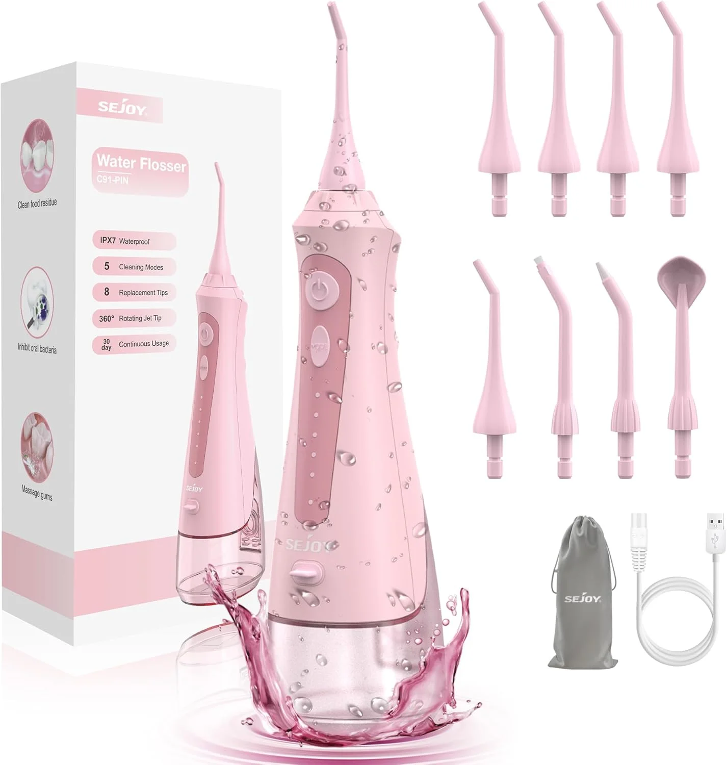 دستگاه شستشوی دهان و دندان Sejoy، دستگاه شستشوی دندان شارژی بی سیم، برقی قابل حمل، 5 حالت تمیز کردن، 8 سری جت، ضد آب IPX7، 230 میلی لیتر، مناسب برای مسافرت و خانه