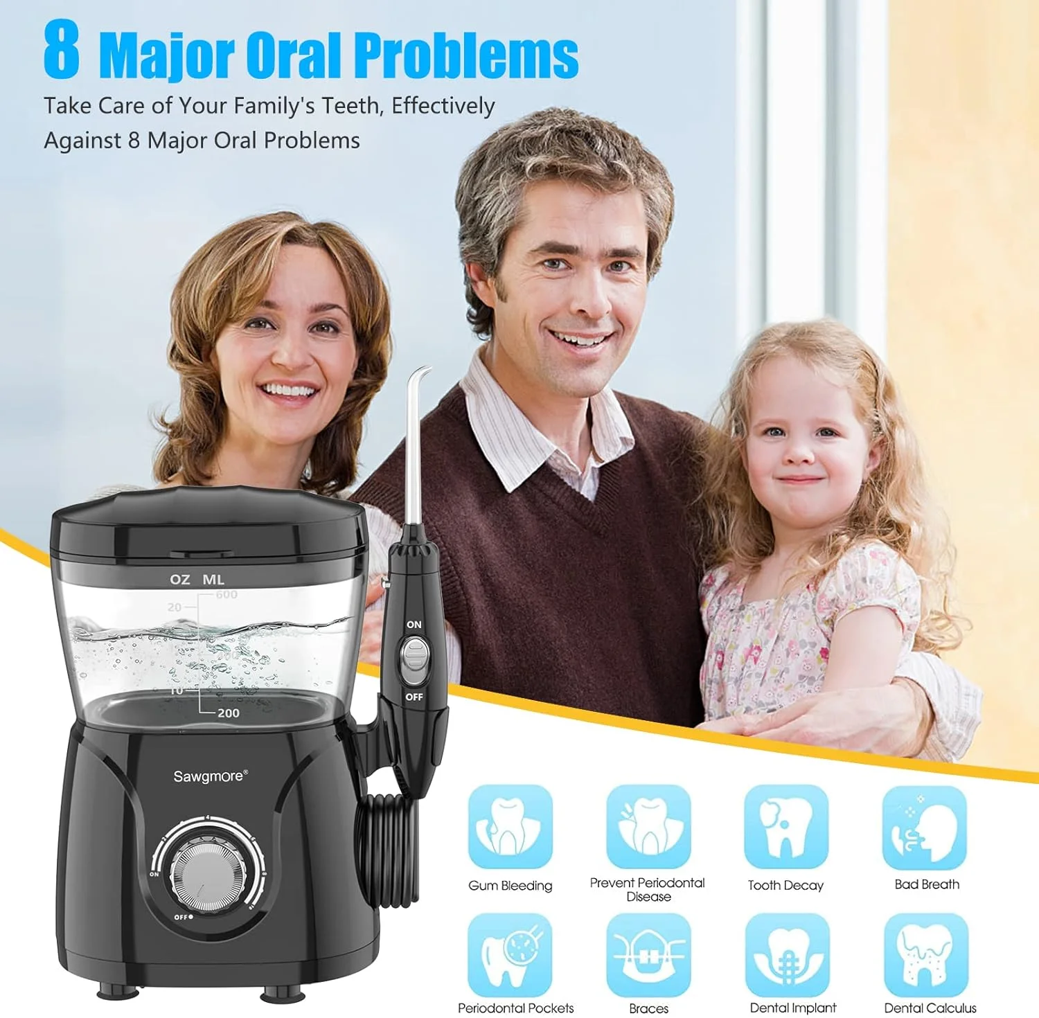 دستگاه شستشوی دهان و دندان Sawgmore، تمیز کننده دندان با آب 600 میلی لیتر، 10 فشار قابل تنظیم، دستگاه برقی برای دندان/ارتودنسی، 8 نازل خانگی حرفه ای (مشکی)