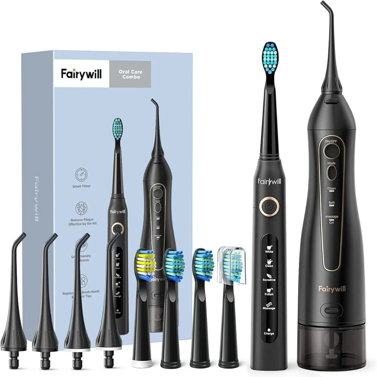 مسواک برقی چرخشی و نخ دندان آبی 2 در 1 برای بزرگسالان، کیت مراقبت دهان و دندان قابل شارژ با 5 حالت، 40000 ضربه، سنسور فشار، عمر باتری طولانی، کیف مسافرتی، 8 سر برس، مشکی