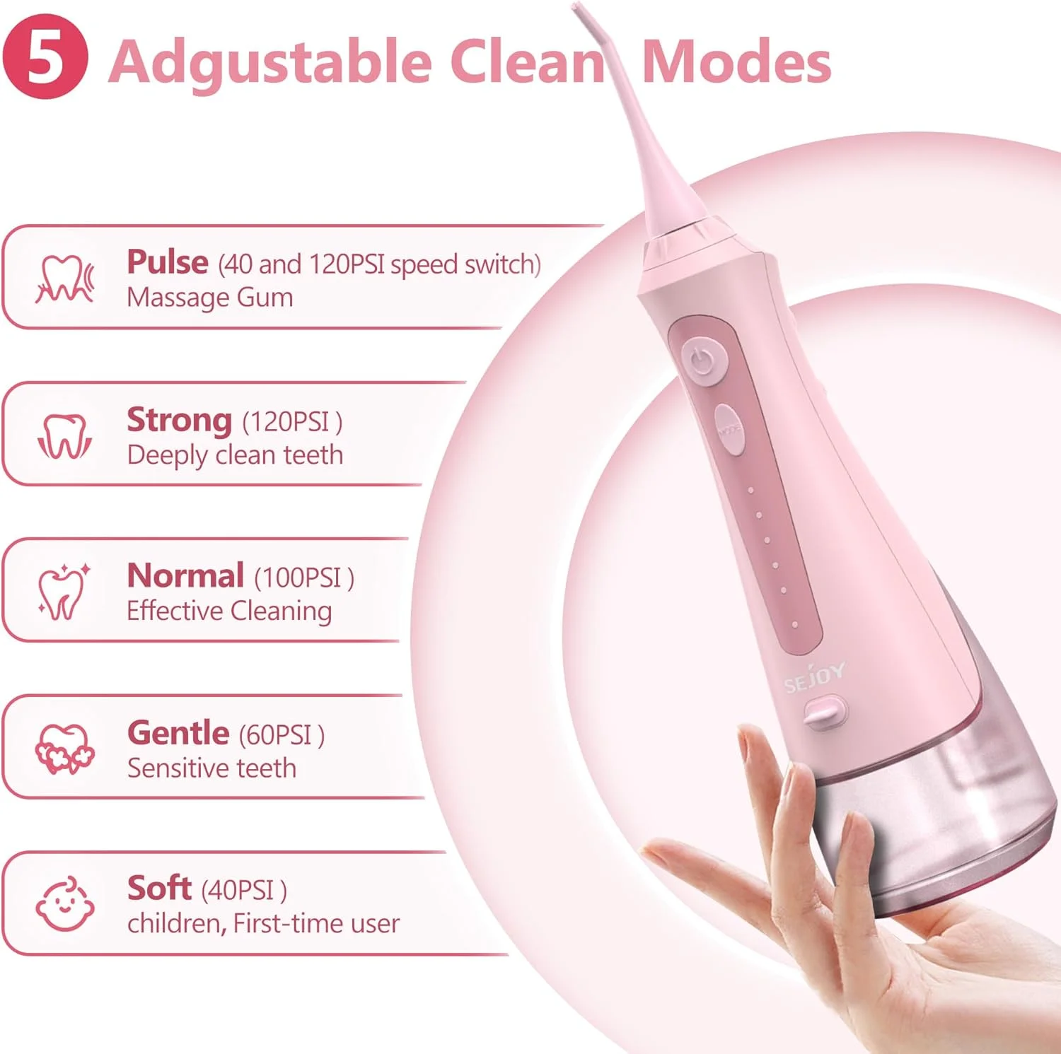 دستگاه شستشوی دهان و دندان Sejoy، دستگاه شستشوی دندان شارژی بی سیم، برقی قابل حمل، 5 حالت تمیز کردن، 8 سری جت، ضد آب IPX7، 230 میلی لیتر، مناسب برای مسافرت و خانه