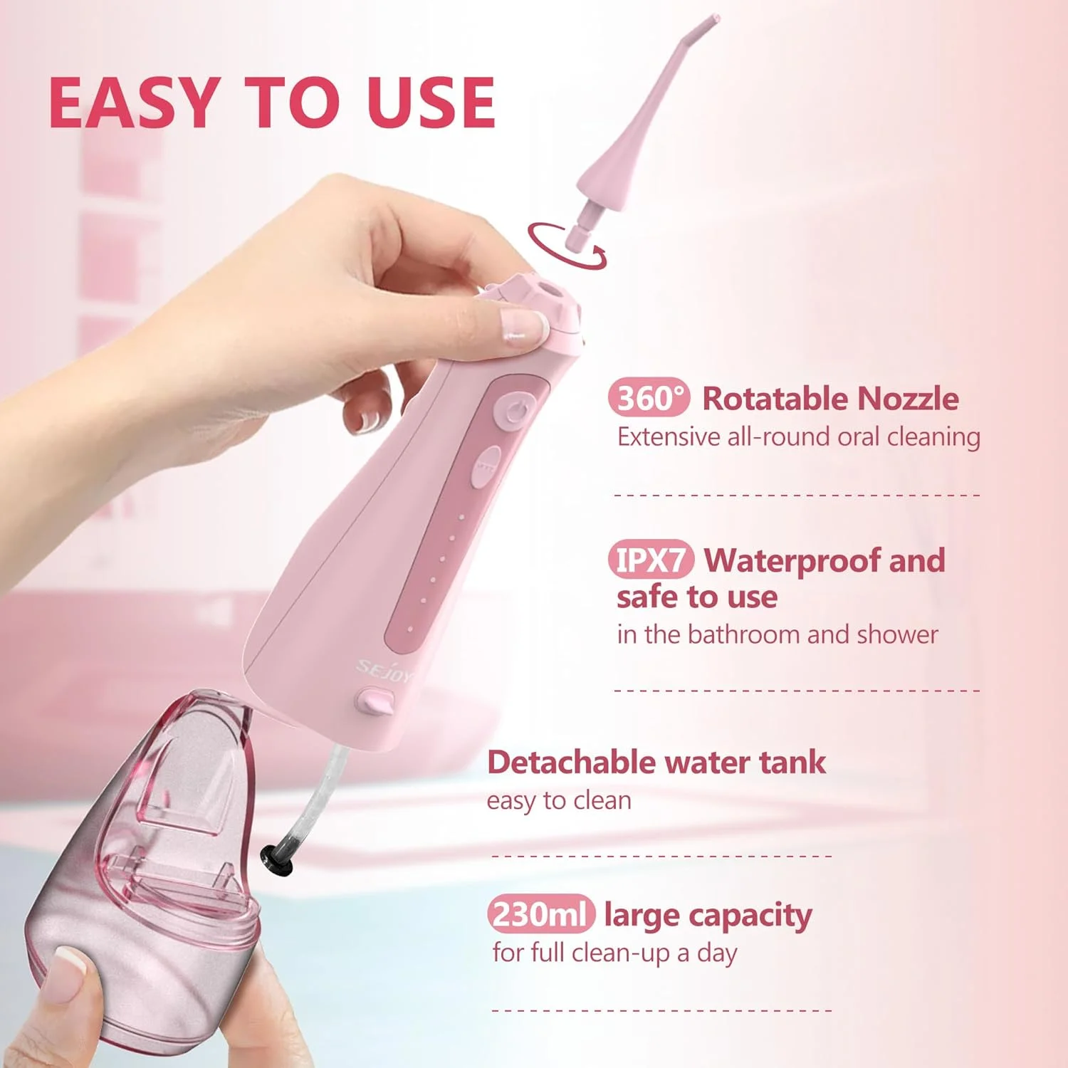 دستگاه شستشوی دهان و دندان Sejoy، دستگاه شستشوی دندان شارژی بی سیم، برقی قابل حمل، 5 حالت تمیز کردن، 8 سری جت، ضد آب IPX7، 230 میلی لیتر، مناسب برای مسافرت و خانه
