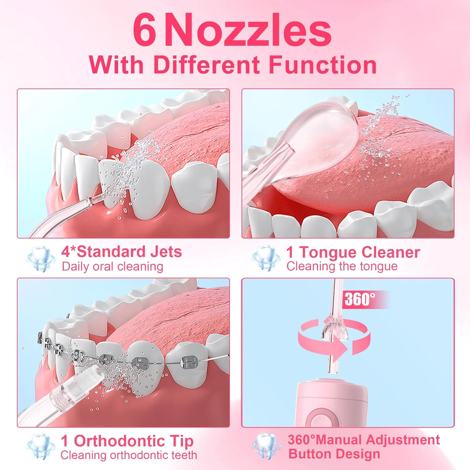 دستگاه پاک کننده دندان با آب سی‌جوی، نخ دندان آبی برقی بی‌سیم، مناسب برای مسافرت کودکان، دارای ۵ حالت تمیز کردن و ۸ سری جت، ضد آب IPX7