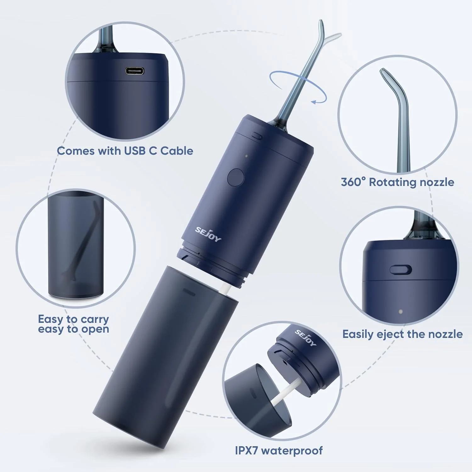 دستگاه شستشوی دهان و دندان Sejoy، تمیز کننده دندان قابل حمل و شارژی بی سیم، IPX7، پاک کننده پلاک الکتریکی، 3 حالت، 3 سری جت، 140 میلی لیتر