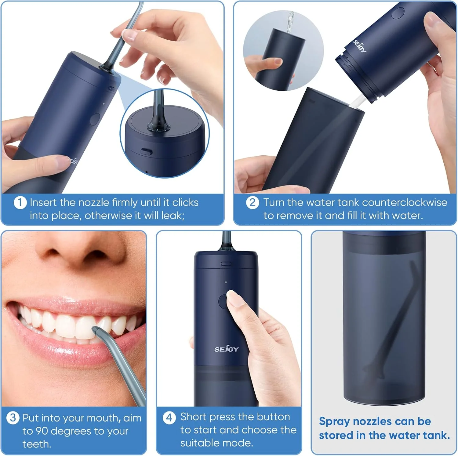 دستگاه شستشوی دهان و دندان Sejoy، تمیز کننده دندان قابل حمل و شارژی بی سیم، IPX7، پاک کننده پلاک الکتریکی، 3 حالت، 3 سری جت، 140 میلی لیتر