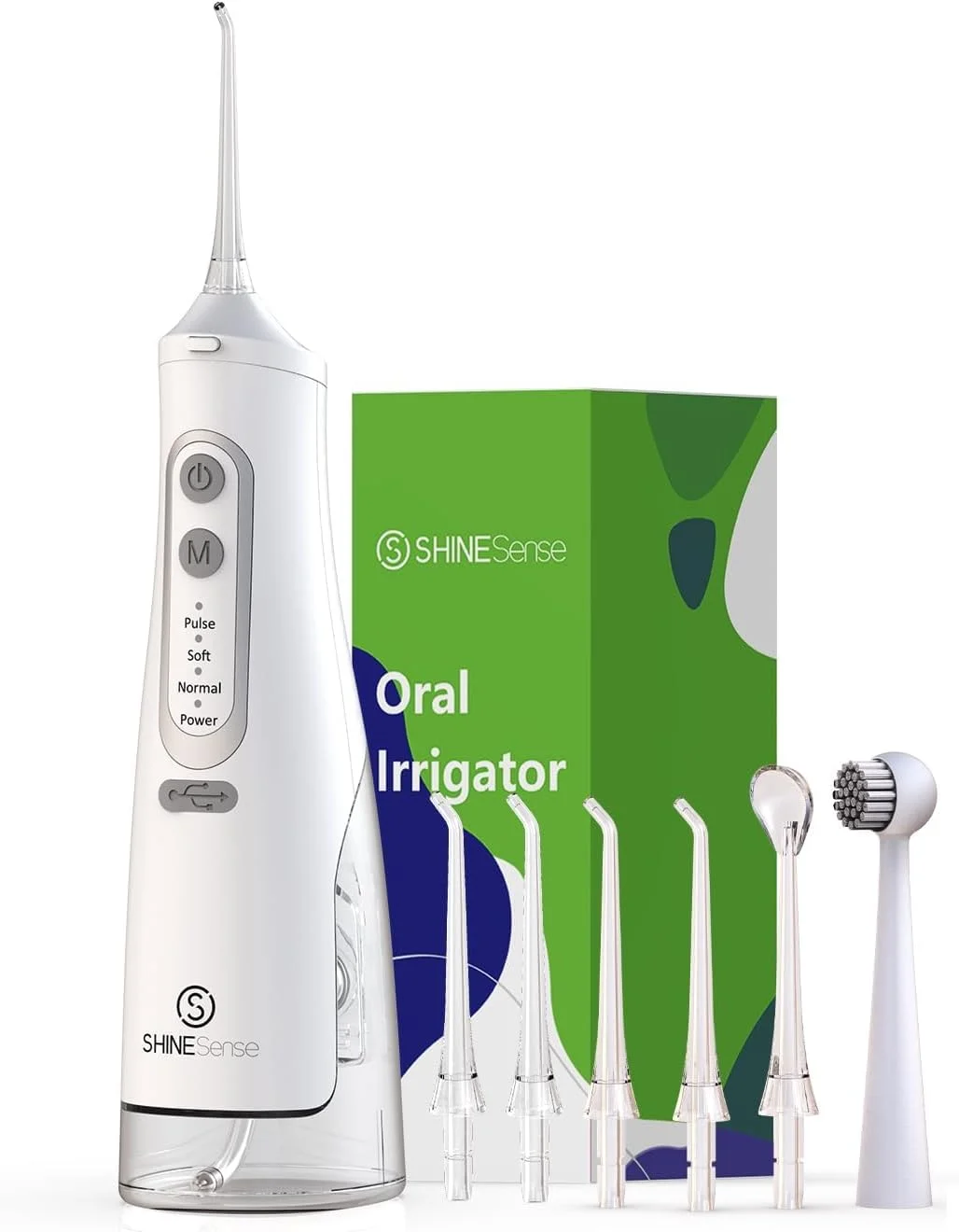 نخ دندان آبی پیشرفته ShineSense، جت آبی دندان برای تمیز کردن دندان ها، 6 نازل جت، 4 حالت ضد آب IPX7 قابل شارژ USB، مخزن آب 350 میلی لیتری