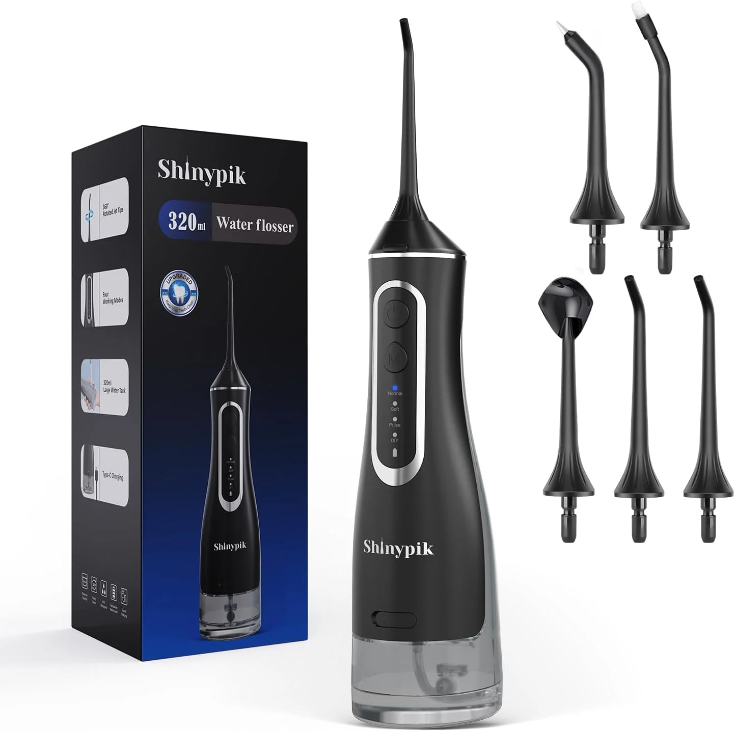 دستگاه شستشوی دهان برقی - مخزن بزرگتر 320 میلی لیتری، 4 حالت، بی سیم، قابل حمل، IPX7 ضد آب، دستگاه تمیز کننده دندان حرفه ای برای مسافرت در منزل (مشکی)