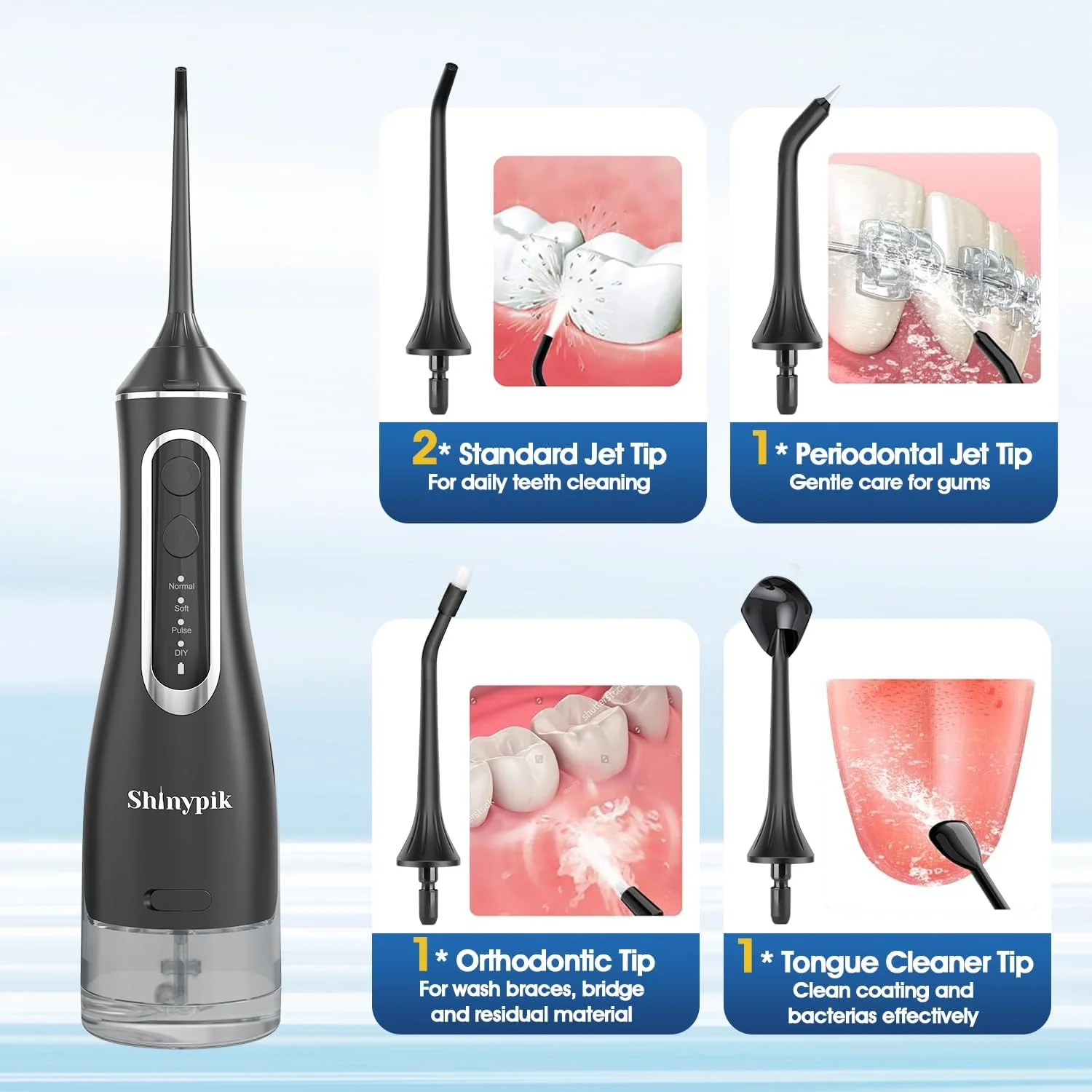 دستگاه شستشوی دهان برقی - مخزن بزرگتر 320 میلی لیتری، 4 حالت، بی سیم، قابل حمل، IPX7 ضد آب، دستگاه تمیز کننده دندان حرفه ای برای مسافرت در منزل (مشکی)