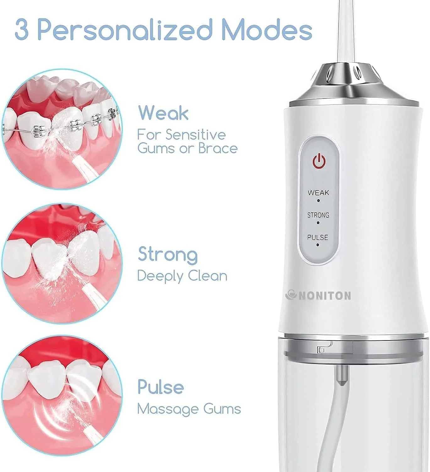 دستگاه شستشوی دهان و دندان SmartGrist با 3 حالت، نخ دندان آبی بی سیم برای دندان ها، ضد آب IPX7، قابل حمل و شارژ برای خانه و مسافرت (سفید)