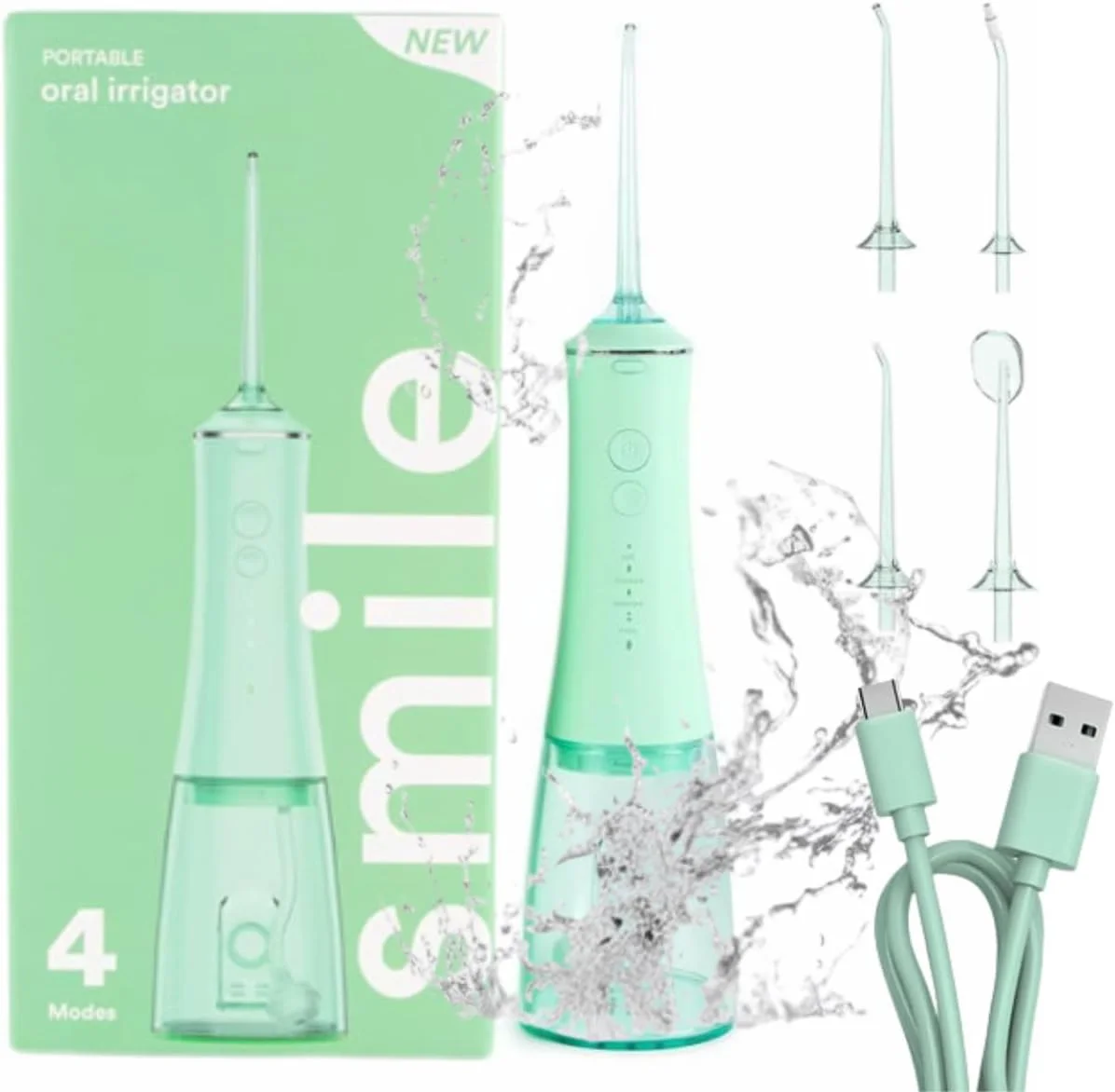 واتر فلاسر | نخ دندان برقی | دستگاه آبیاری قابل حمل | دستگاه آبیاری شارژی | مورد تایید دندانپزشکان | باتری 60 روزه | شارژ USB-C | 4 حالت | 3 انتخاب رنگ (سبز، تک سایز)