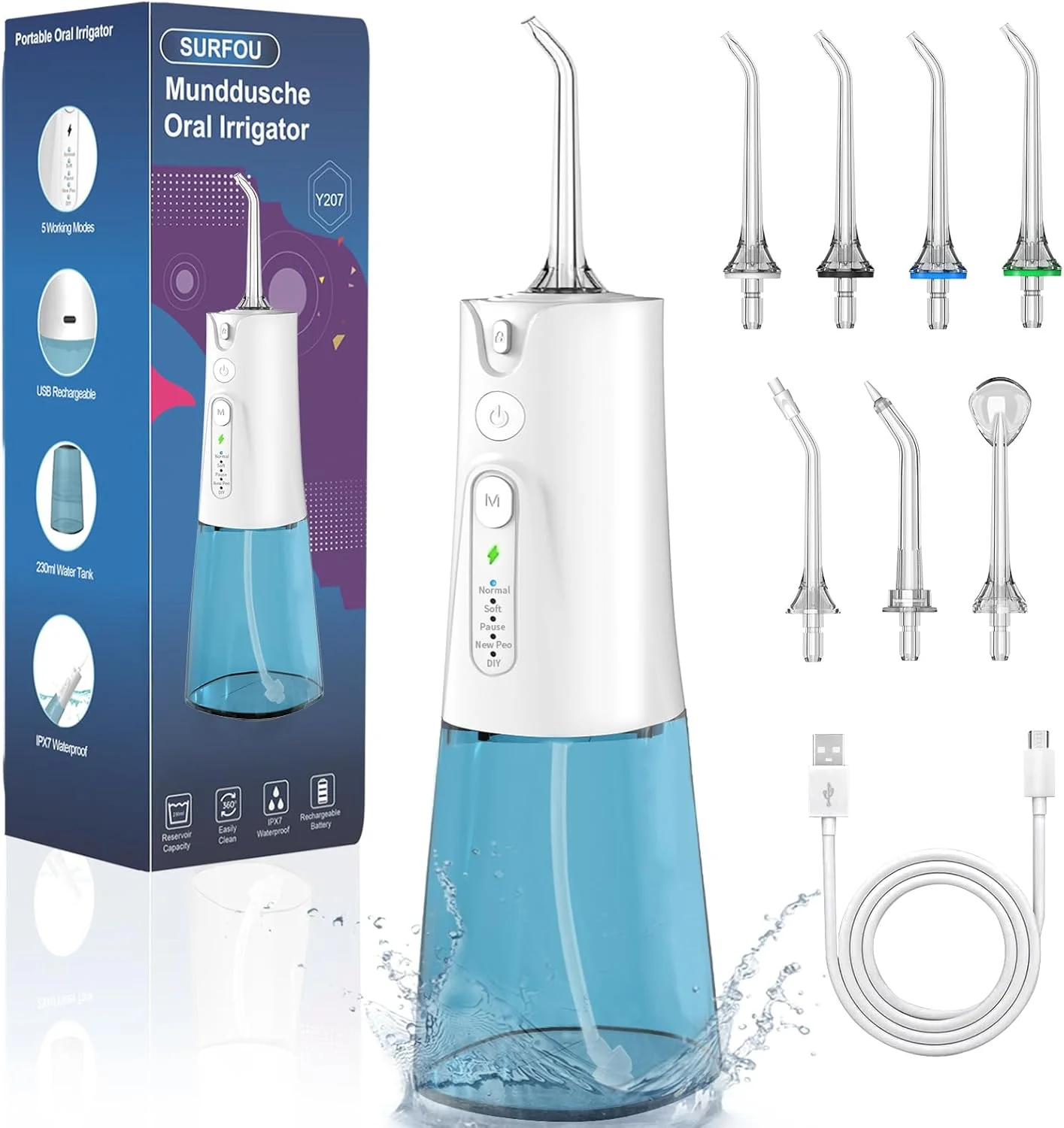 واتر فلاسر دهانی بی سیم SURFOU، ۲۳۰ میلی لیتر، ۵ حالت، ۷ نازل، مناسب مسافرت، ضد آب IPX7، قابل شارژ با USB-C برای مسافرت و خانه