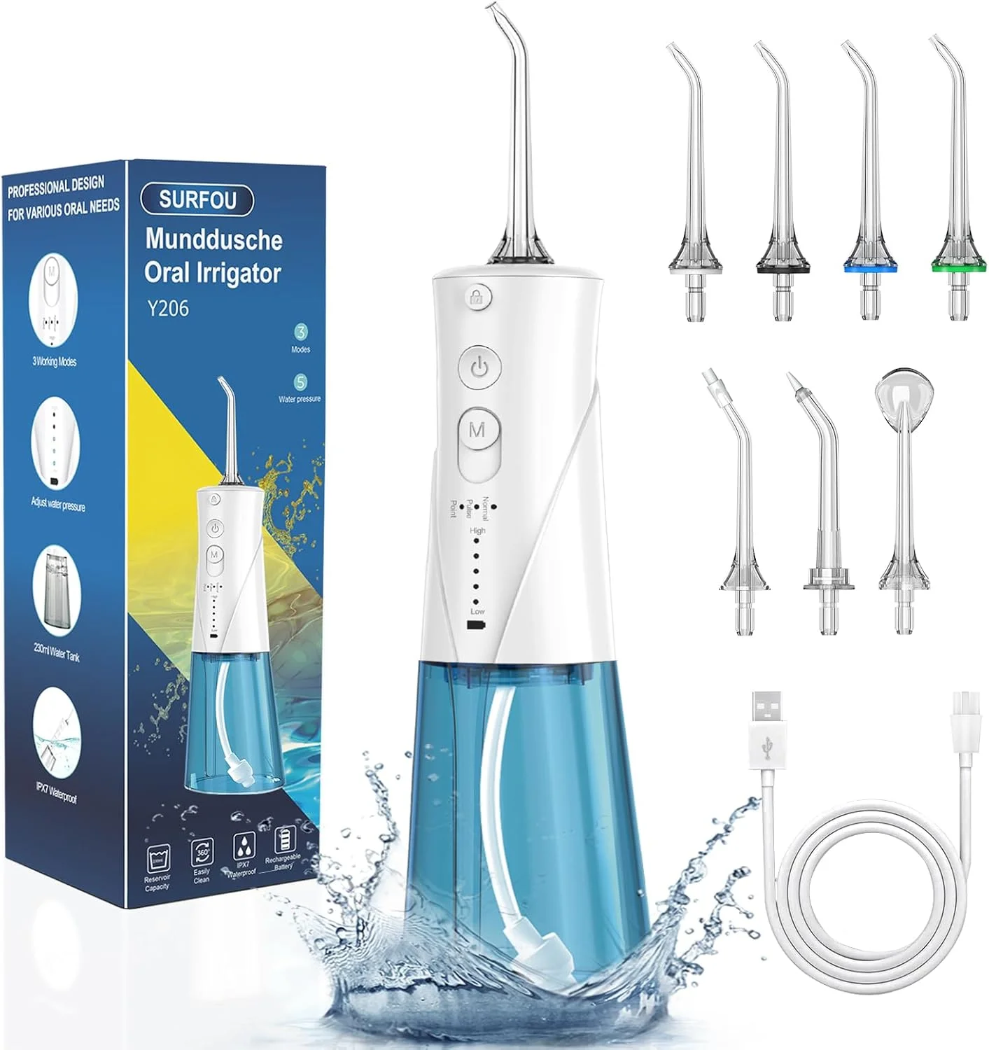 واتر فلاسر دهانی بی سیم SURFOU، 230 میلی لیتر، 3 حالت، 7 نازل، ضد آب IPX7، قابل شارژ USB، مناسب برای مسافرت و خانه