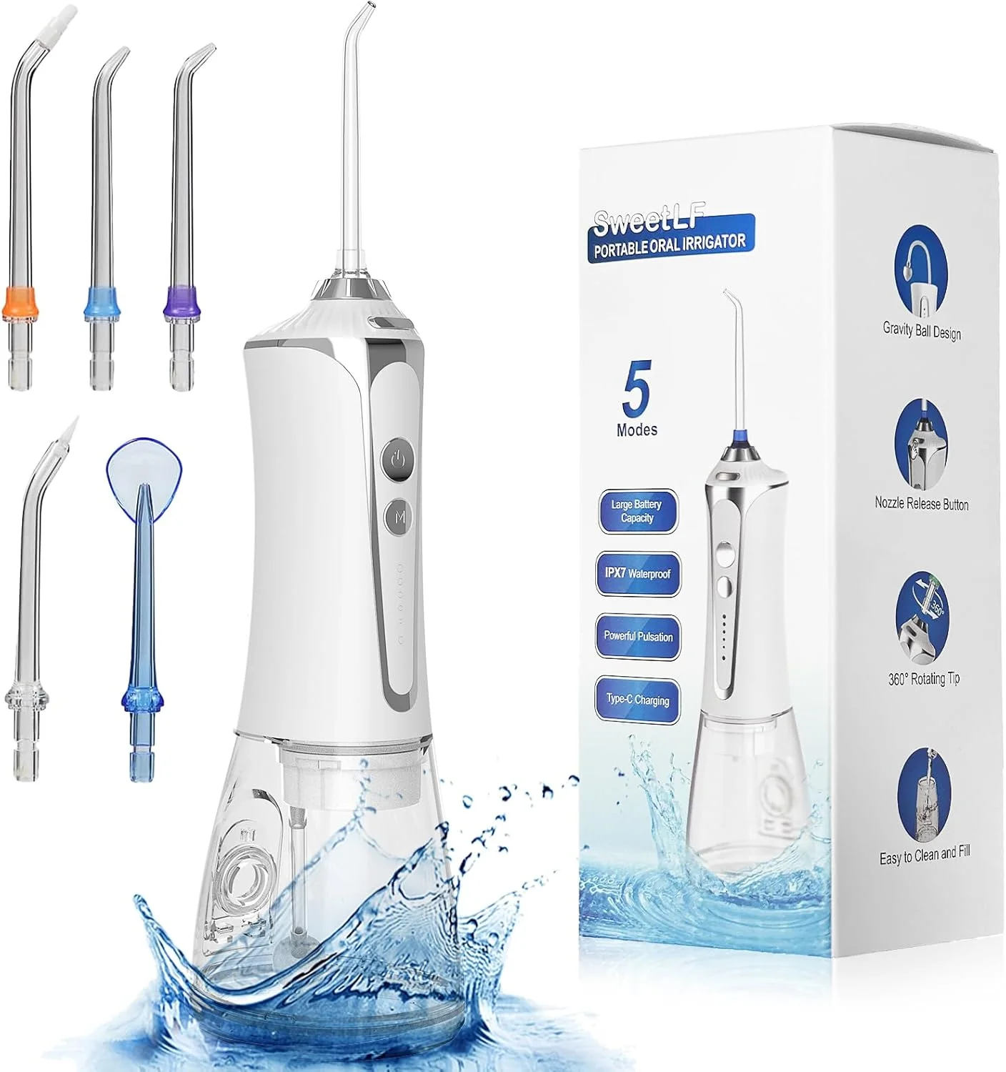 نخ دندان آبی قابل حمل SweetLF برای استفاده خانگی، دستگاه تمیز کننده موثر دهان! پنج فشار آب قابل تنظیم، IPX7 کاملا ضد آب، ایمنی و آرامش، دهان خود را سالم کنید (مشکی)