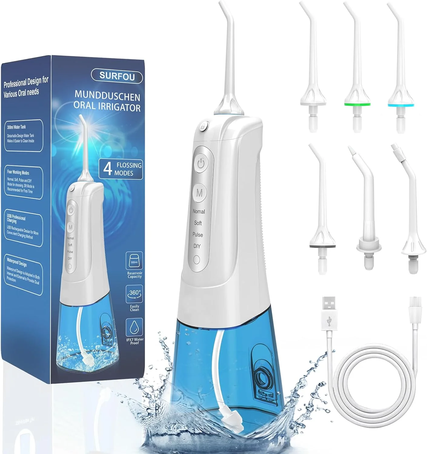 واتر فلاسر دهانی بی سیم SURFOU، هدیه کریسمس، 300 میلی لیتر، 4 حالت، 6 نازل، مسافرتی، ضد آب IPX7، قابل شارژ USB برای مسافرت و خانه