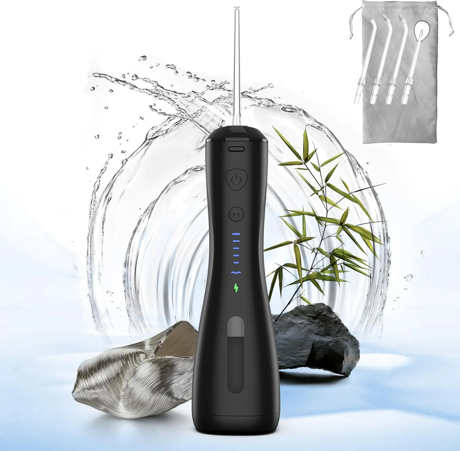 دستگاه شستشوی دهان و دندان SYNHOPE [بی سیم و قابل حمل]، 6 حالت و ضد آب IPX7، مسواک آبی شارژی، تمیز کننده دندان، مناسب برای استفاده خانگی، برای ارتودنسی، بریج و مراقبت از لثه (مشکی)