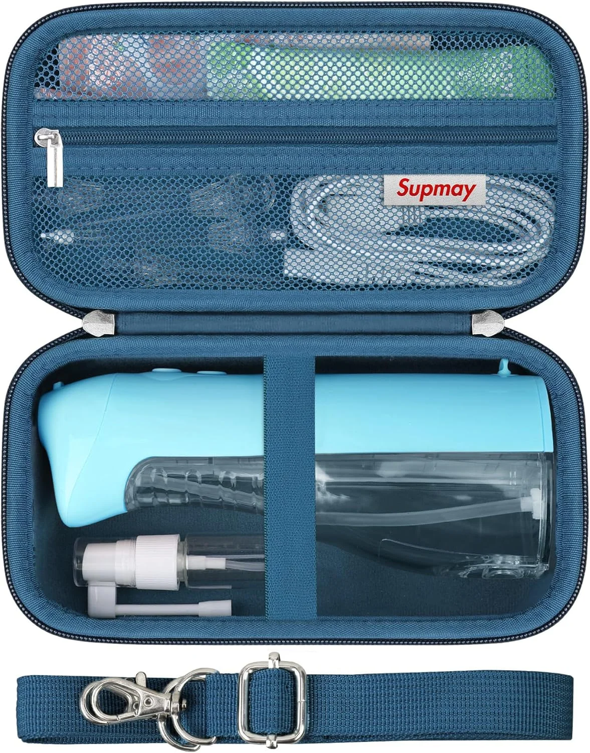 کیف حمل سخت Supmay برای نخ دندان آبی، دستگاه آبی قابل حمل بی سیم، نگهدارنده قابل شارژ نخ دندان آبی با کیف توری زیپ دار برای کابل USB، نازل ها، آبی