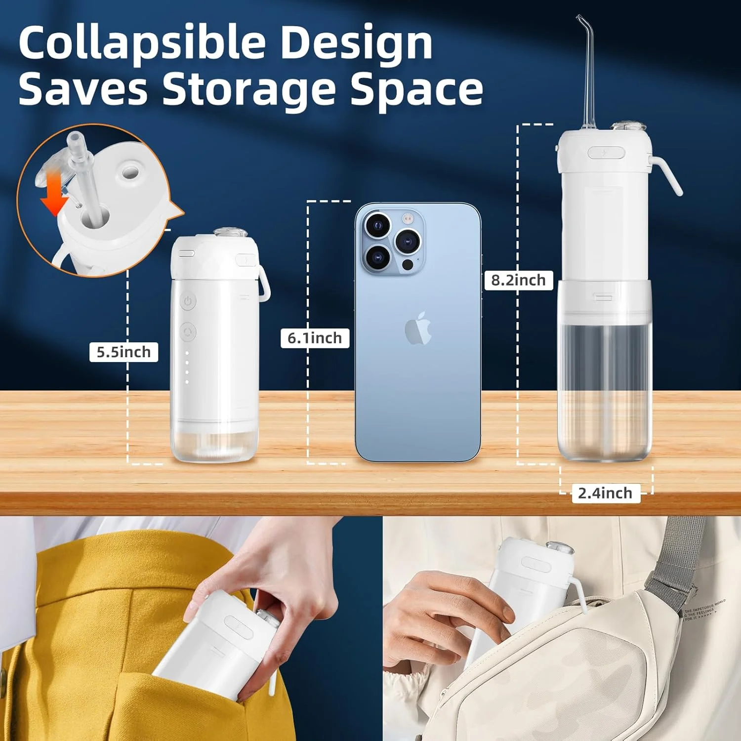 واتر فلاسر قابل حمل SwanKiss برای دندان، دستگاه شستشوی دهان، واتر فلاسر دندان مینی بی سیم با مخزن تلسکوپی، ضد آب IPX7، انتخاب کننده های تمیز کننده دندان خانگی و مسافرتی برای مراقبت از ارتودنسی