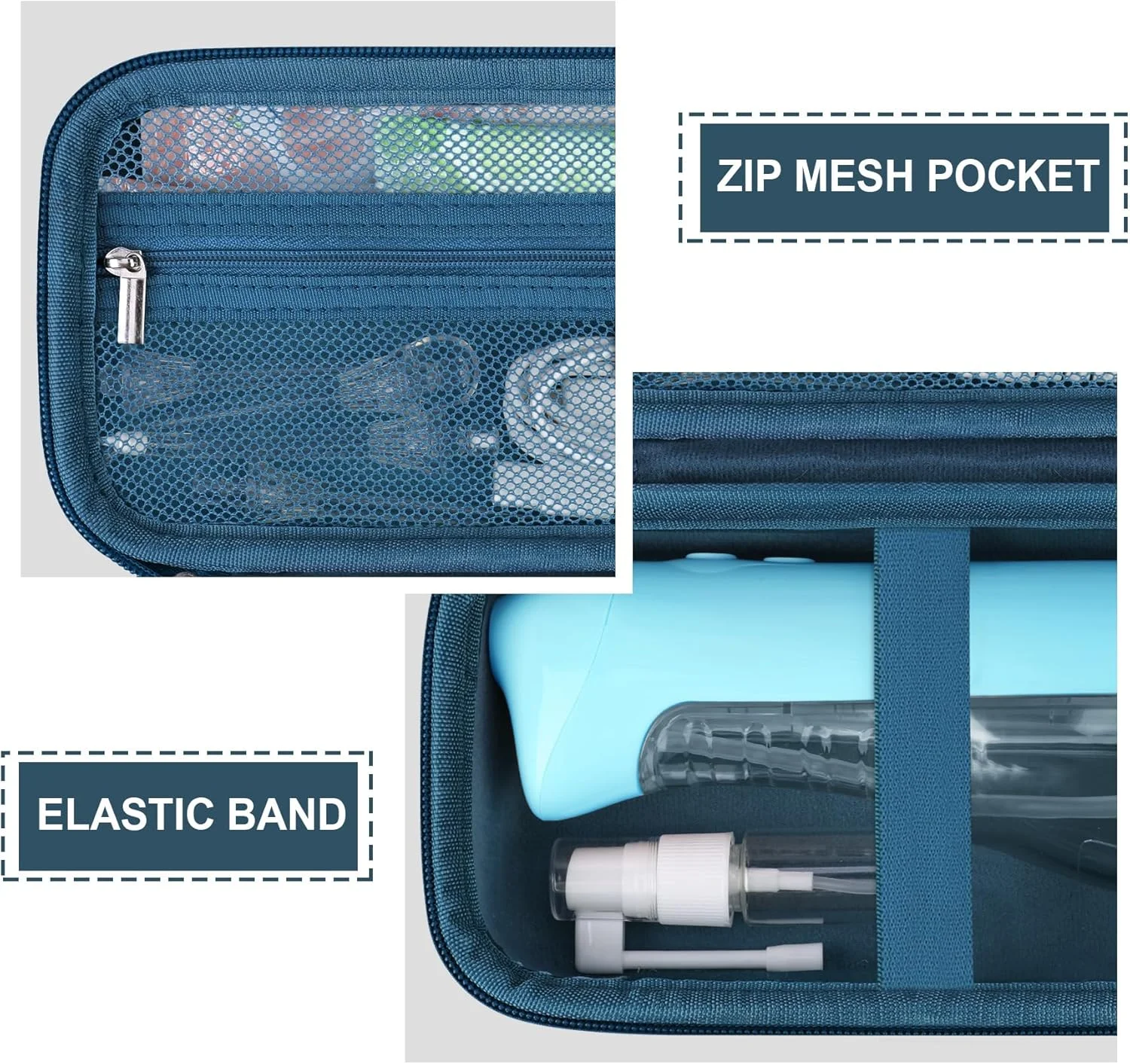 کیف حمل سخت Supmay برای نخ دندان آبی، دستگاه آبی قابل حمل بی سیم، نگهدارنده قابل شارژ نخ دندان آبی با کیف توری زیپ دار برای کابل USB، نازل ها، آبی