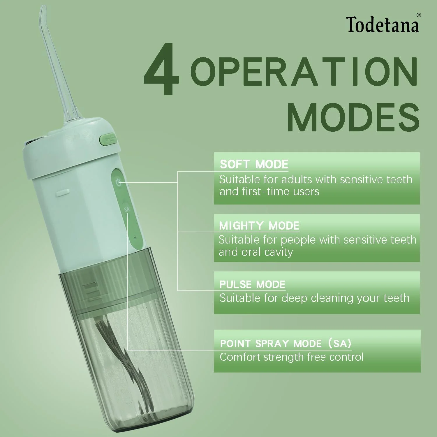 واتر فلاسر دندان، انتخاب کننده دندان: آبیاری دهان و دندان بی سیم قابل حمل با حالت اسپری نقطه ای، مخزن آب قابل جدا شدن و گسترش، و آینه کوچک، مناسب برای مسافرت (سبز)