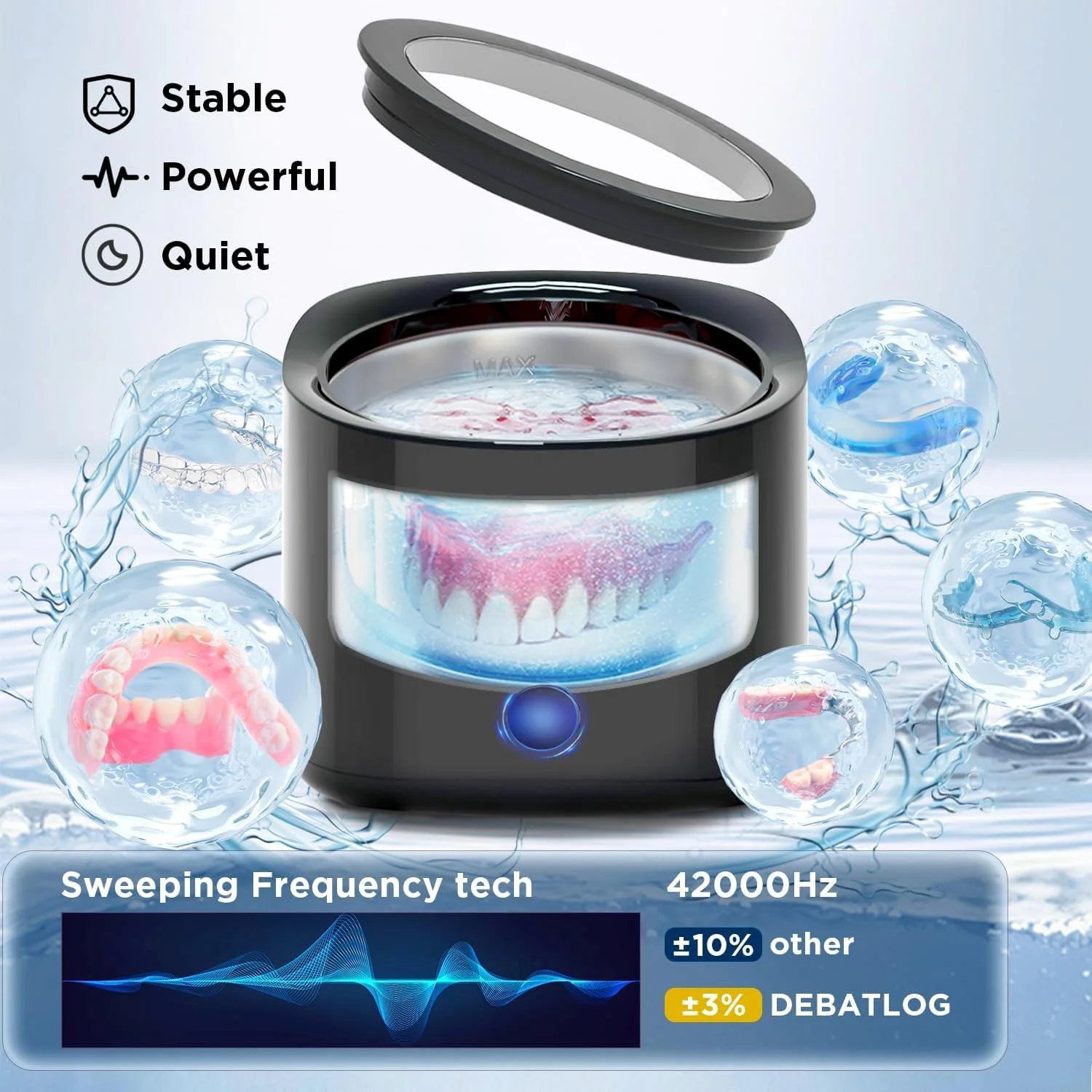 دستگاه تمیز کننده التراسونیک: دستگاه تمیز کننده دندان مصنوعی اولتراسونیک 42 کیلوهرتز - دستگاه تمیز کننده قابل حمل 180 میلی لیتری برای الاینر، بریس و محافظ دهان