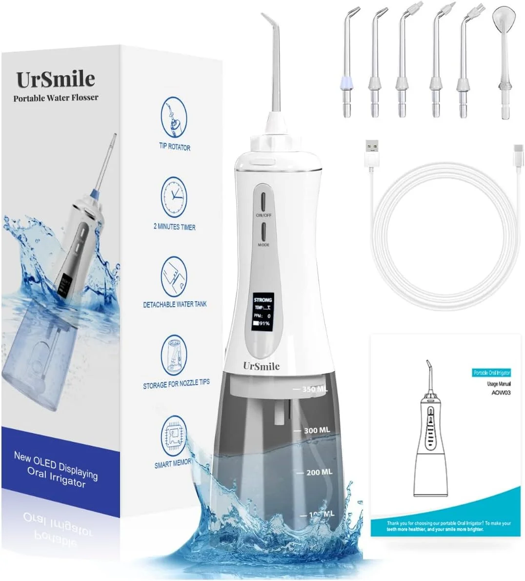 دستگاه آبیاری دهان و دندان بی سیم ursmile، قابل شارژ برقی، نمایشگر OLED، نخ دندان آبی IPX7 با مخزن 350 میلی لیتر دستگاه آبیاری دهان و دندان بی سیم ursmile، قابل شارژ برقی، نمایشگر OLED، نخ دندان آبی IPX7 با مخزن 350 میلی لیتر