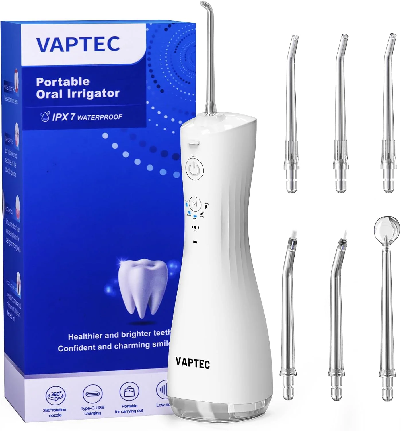 واترجت دندان واپتک، تمیز کننده بی سیم، نخ دندان آبی، ظرفیت بزرگ 400 میلی لیتر، چرخش 360 درجه قابل حمل، 5 حالت تمیز کردن DIY، 6 سری قابل تعویض، نخ دندان آبی برای ارتودنسی